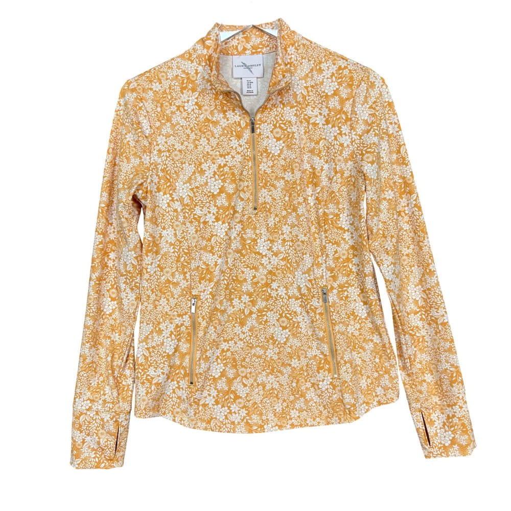 Laura Ashley Quarter Zip Pullover Women Medium Yellow Floral Activewear Top Golf